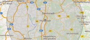 Das Einzugsgebiet erstreckt sich über das Rhein-Main-Gebiet ; ca. 50 km rund um Darmstadt, Hessen